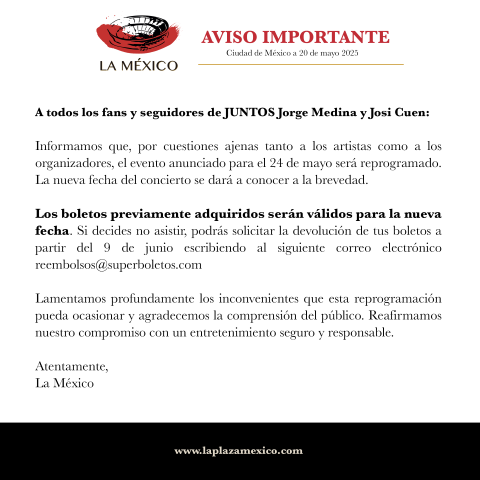 Comunicado Oficial.  A todos los fans y seguidores de JUNTOS Jorge Medina y Josi Cuen